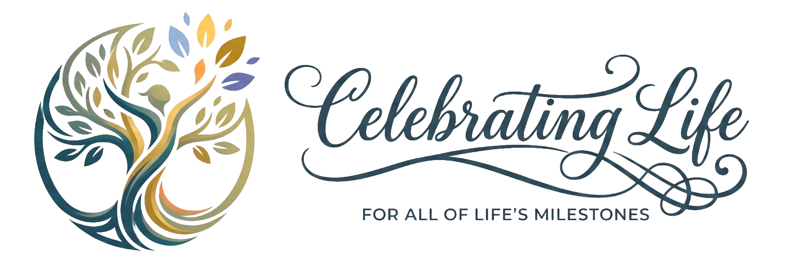 A multicolored logo with a stylized tree on the left and elegant text on the right that says 'Celebrating Life' with smaller text underneath reading 'For All of Life's Milestones'.