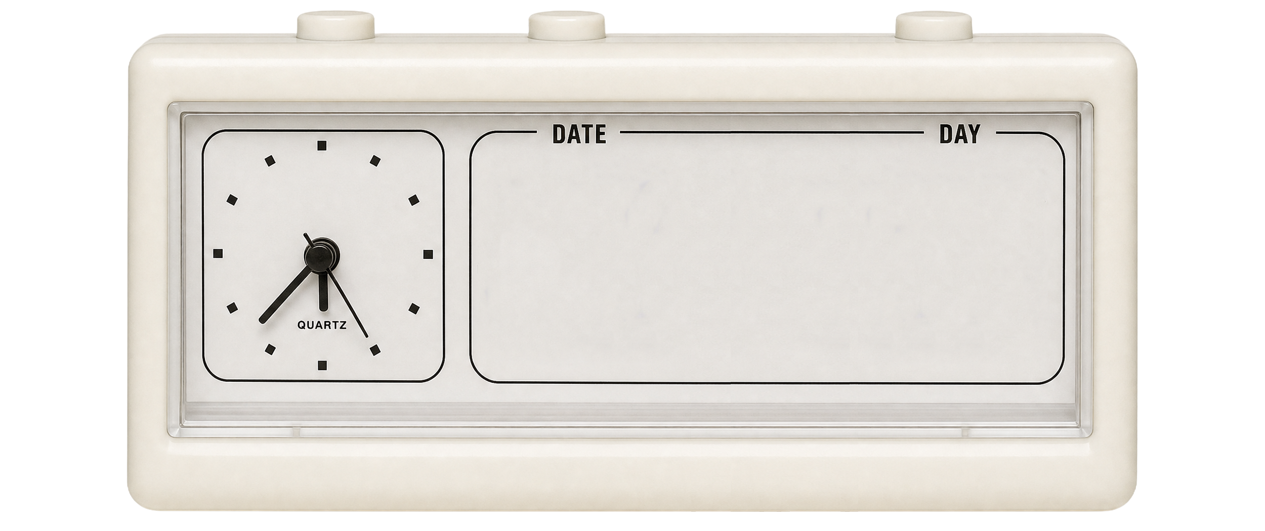 A white electric digital clock and a whiteboard with space for date and day, with the clock showing 7:29.