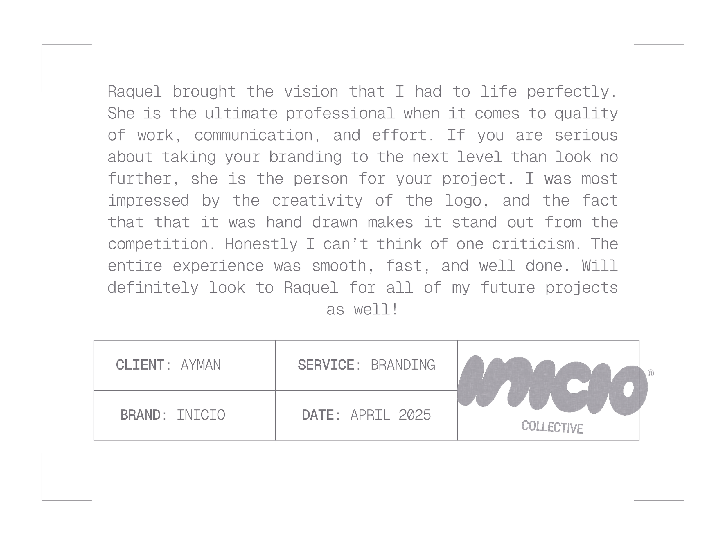 A branding certificate or documentation with handwritten details including client name 'AYMAN', brand 'INICIO', date 'April 2025', and service 'branding'. The certificate features a company logo, some gray circular design elements, and a signature space.