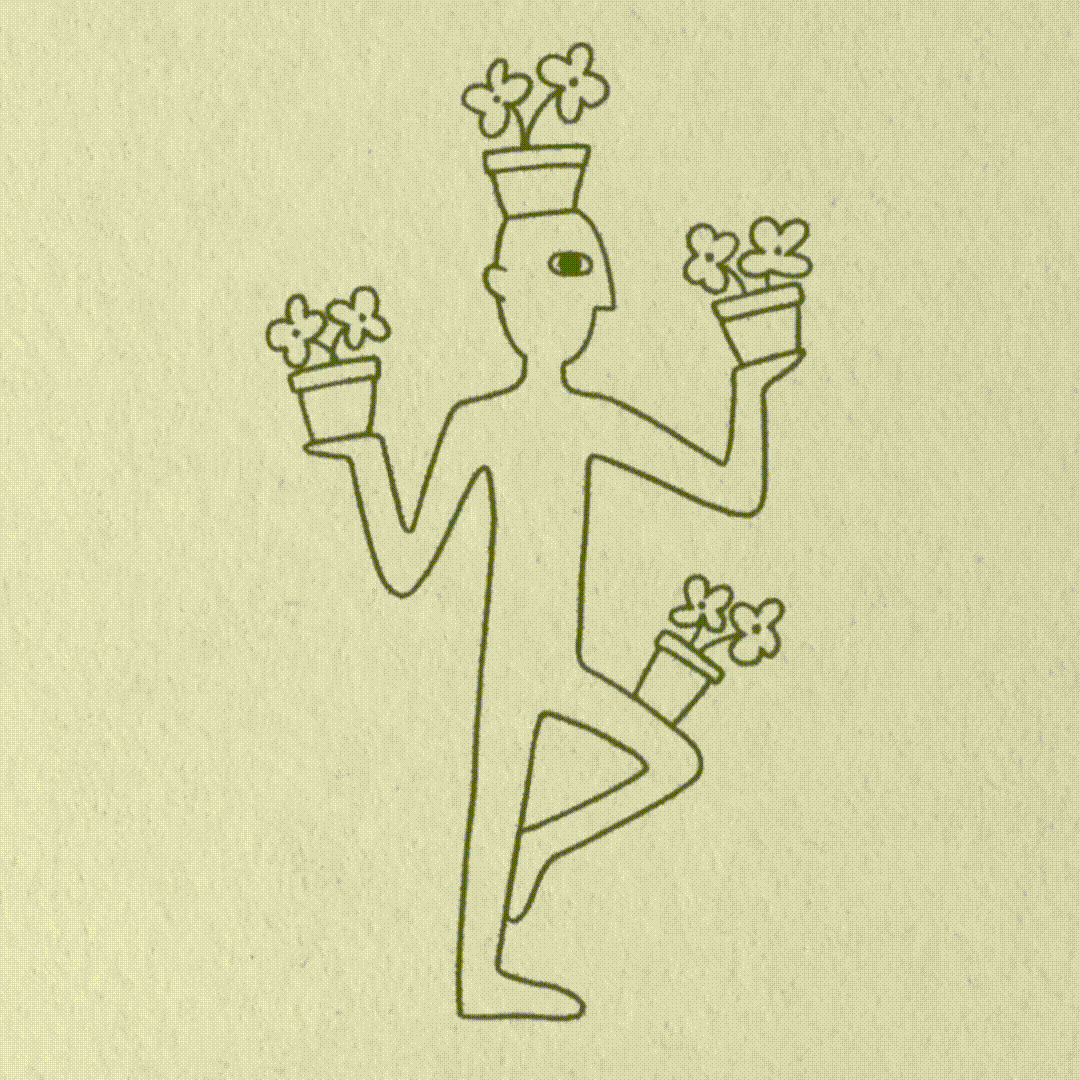 A simple line drawing of a person with four arms, each holding a flowerpot with flowers. The person has a side profile face and a neutral expression, with one leg raised and bent.