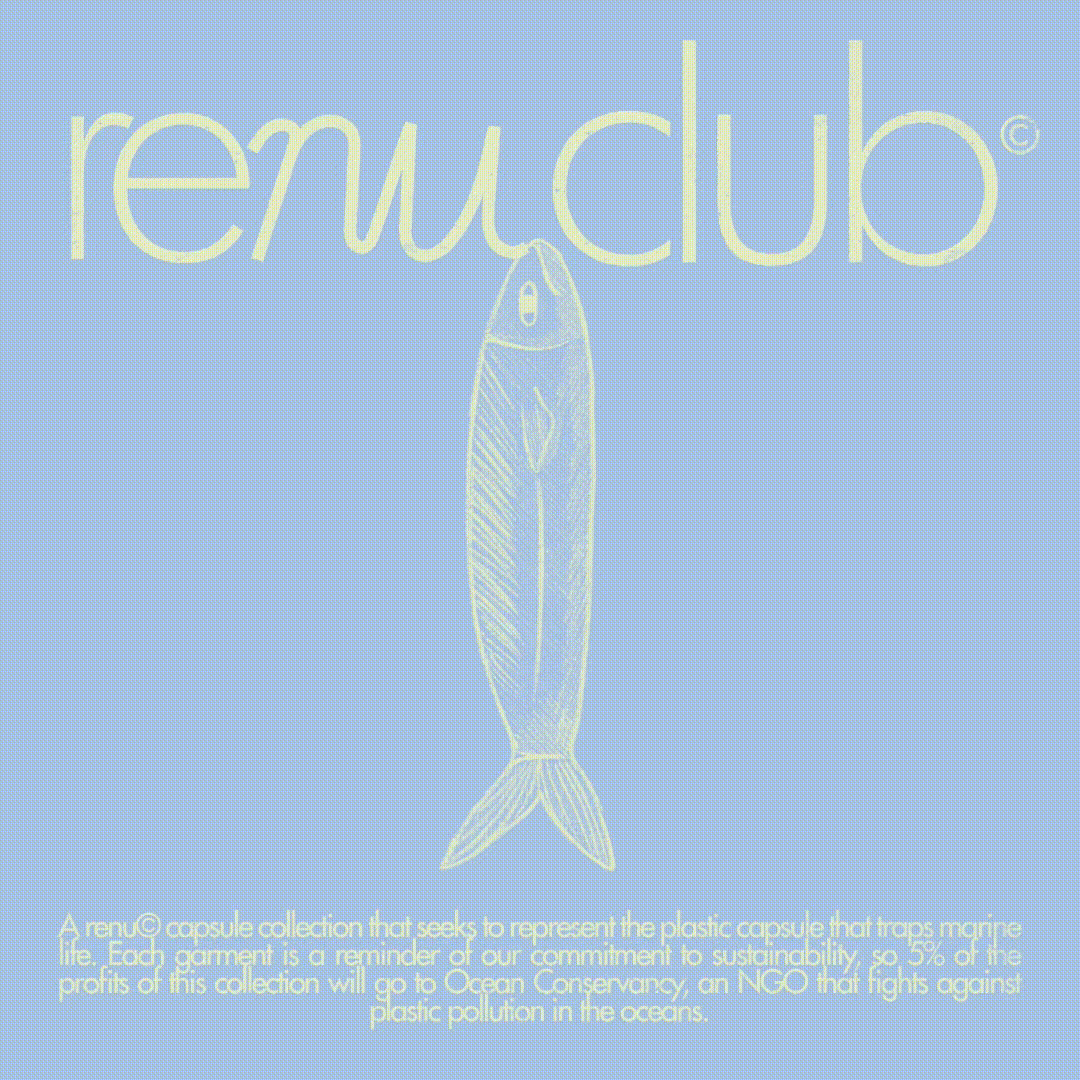 A blue background with the words 're NuCuB' in large yellow text, and an illustration of a fish hanging from the text. There is also a paragraph at the bottom about a capsule collection that supports ocean conservation and fights plastic pollution.