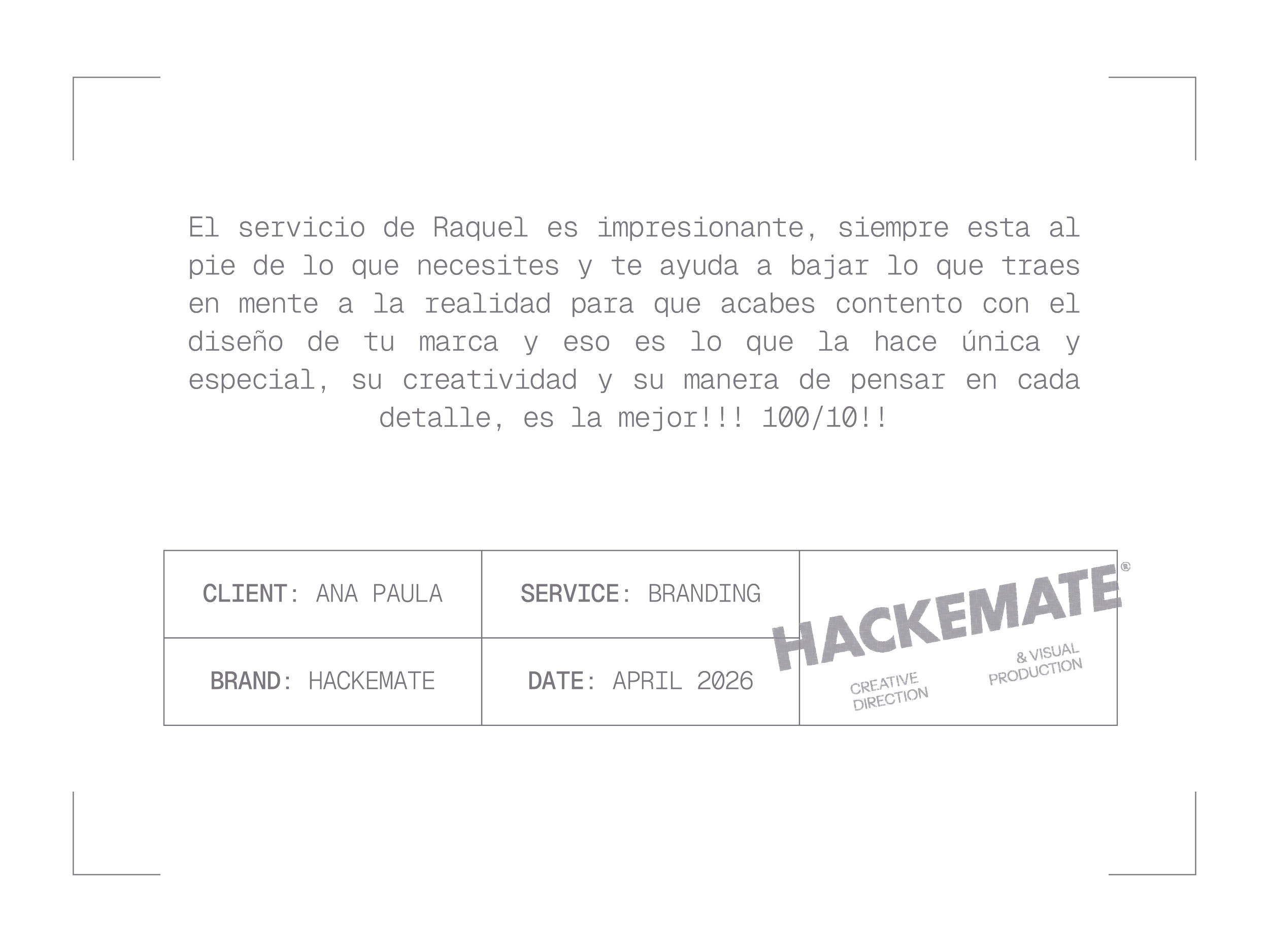 A design draft with text about Hackemate branding, featuring a table with client, service, brand, and date information, and a visible partial logo.