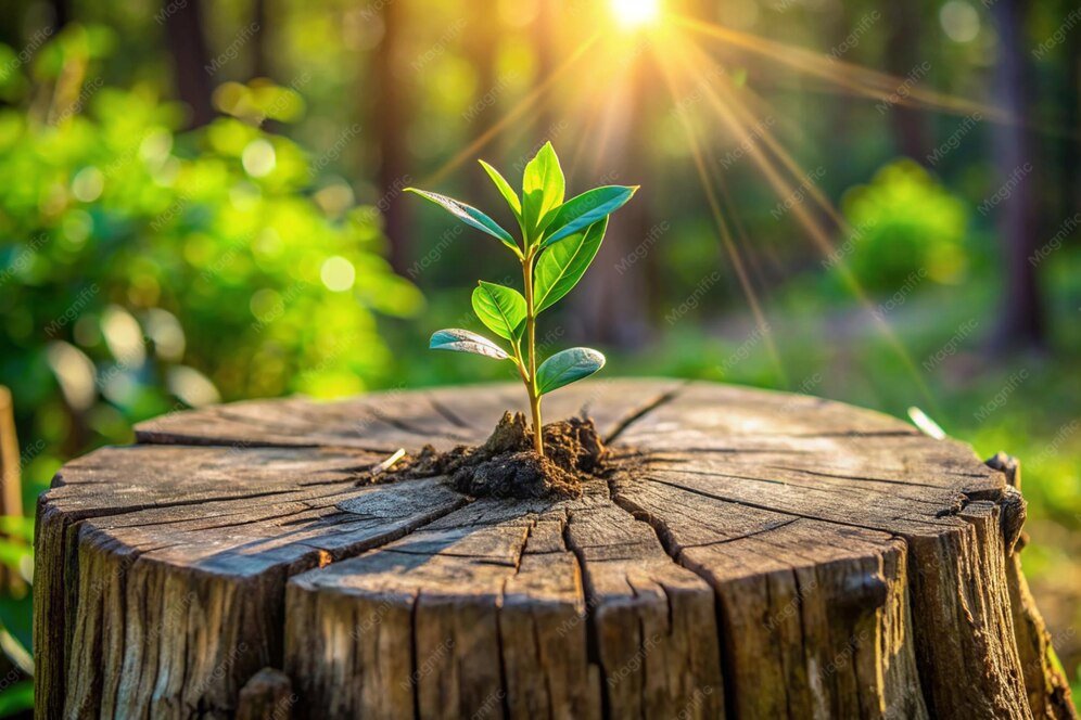 Young green plant sprouting from a tree stump in sunlight during daytime.