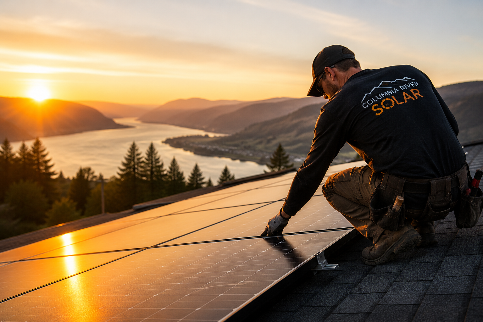 A worker installing solar panels on a roof during sunset, with a river and hills in the background.
