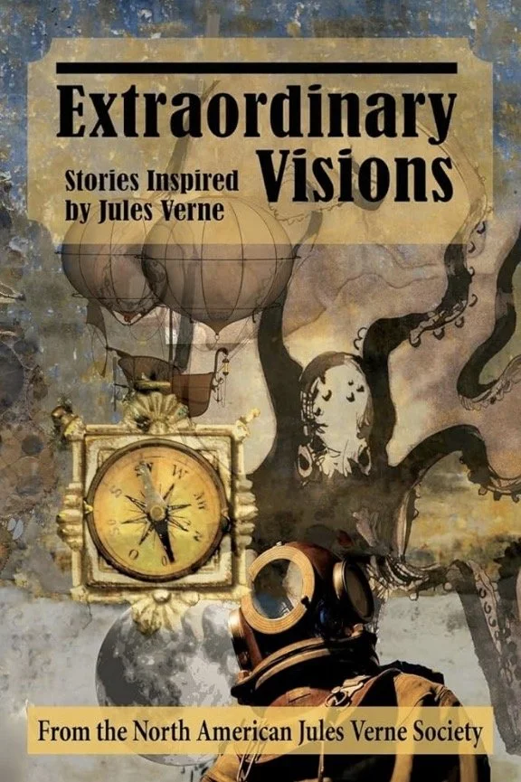 The cover of the anthology Extraordinary Visions: Stories Inspired by Jules Verne features images from his books, a hot air balloon, a black squid, and an ornate gold clock, all back by a swirly marble-like background of grays and corals