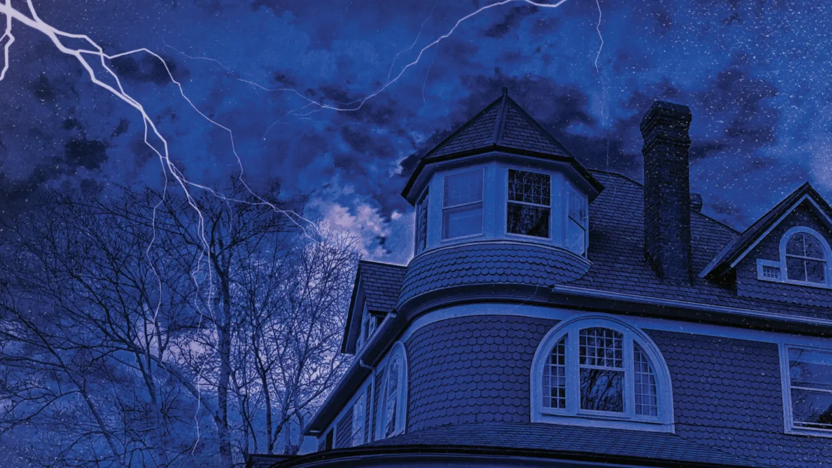 House with pointed roof and multiple windows under a night sky with lightning and stars.
