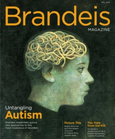 Magazine cover titled 'Brandeis' featuring an illustration of a person's profile with a brain outline on their head, and the headline 'Untangling Autism'.