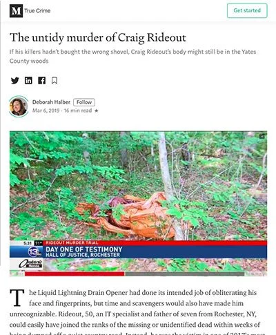 A wooded area with green leaves and trees, showing a scene from a news article about a crime, with a photo of a body covered with an orange tarp on the ground, and a news banner at the bottom reading "Day of Testimony Hall of Justice, Rochester."