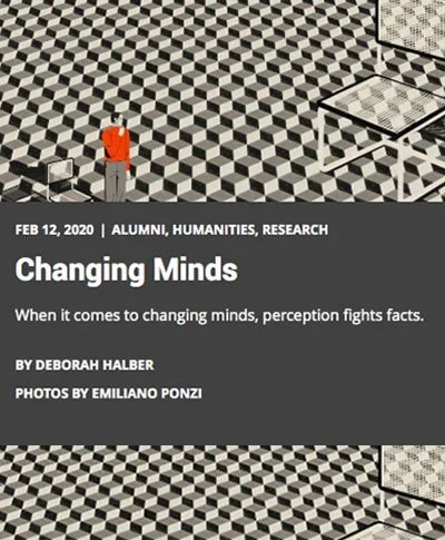 Event poster with geometric patterned background, featuring an individual in an orange jacket and text about changing minds and perception by Deborah Halber, with photos by Emiliano Ponzi.
