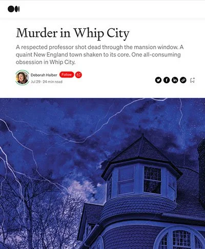 Screenshot of a news article titled "Murder in Whip City" with a subheading about a respected professor shot dead, and a stormy sky with lightning over a Victorian house in Whip City.