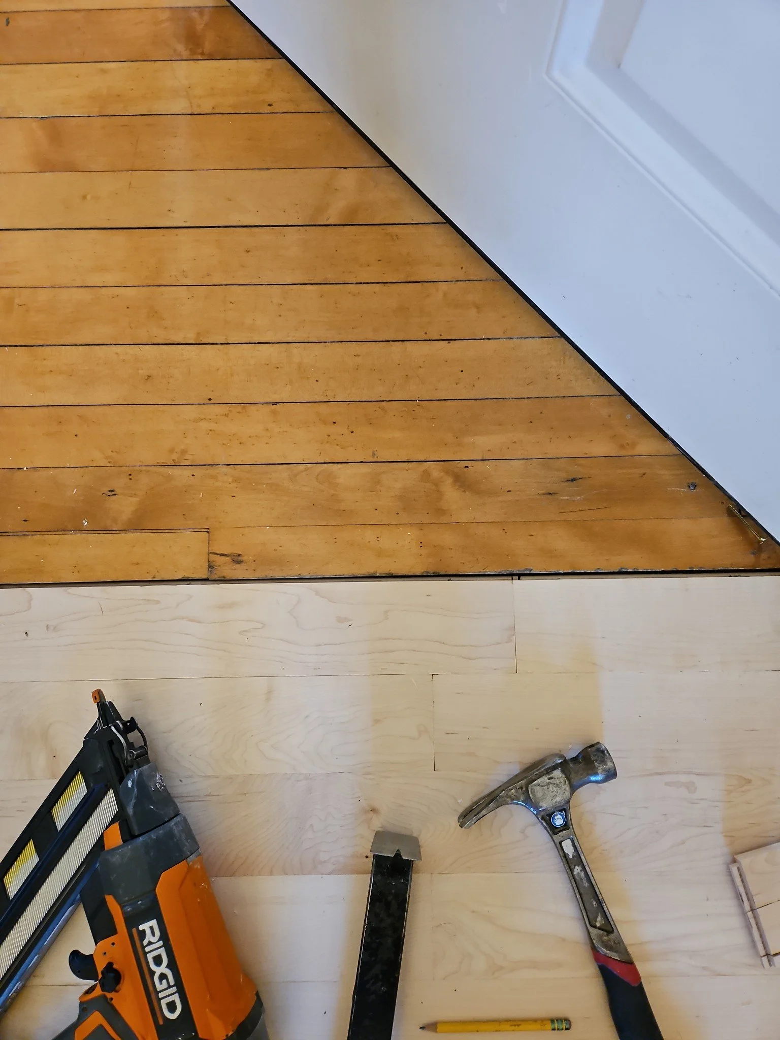 Old meets new. The bedroom was the only area that was safe from water damage.