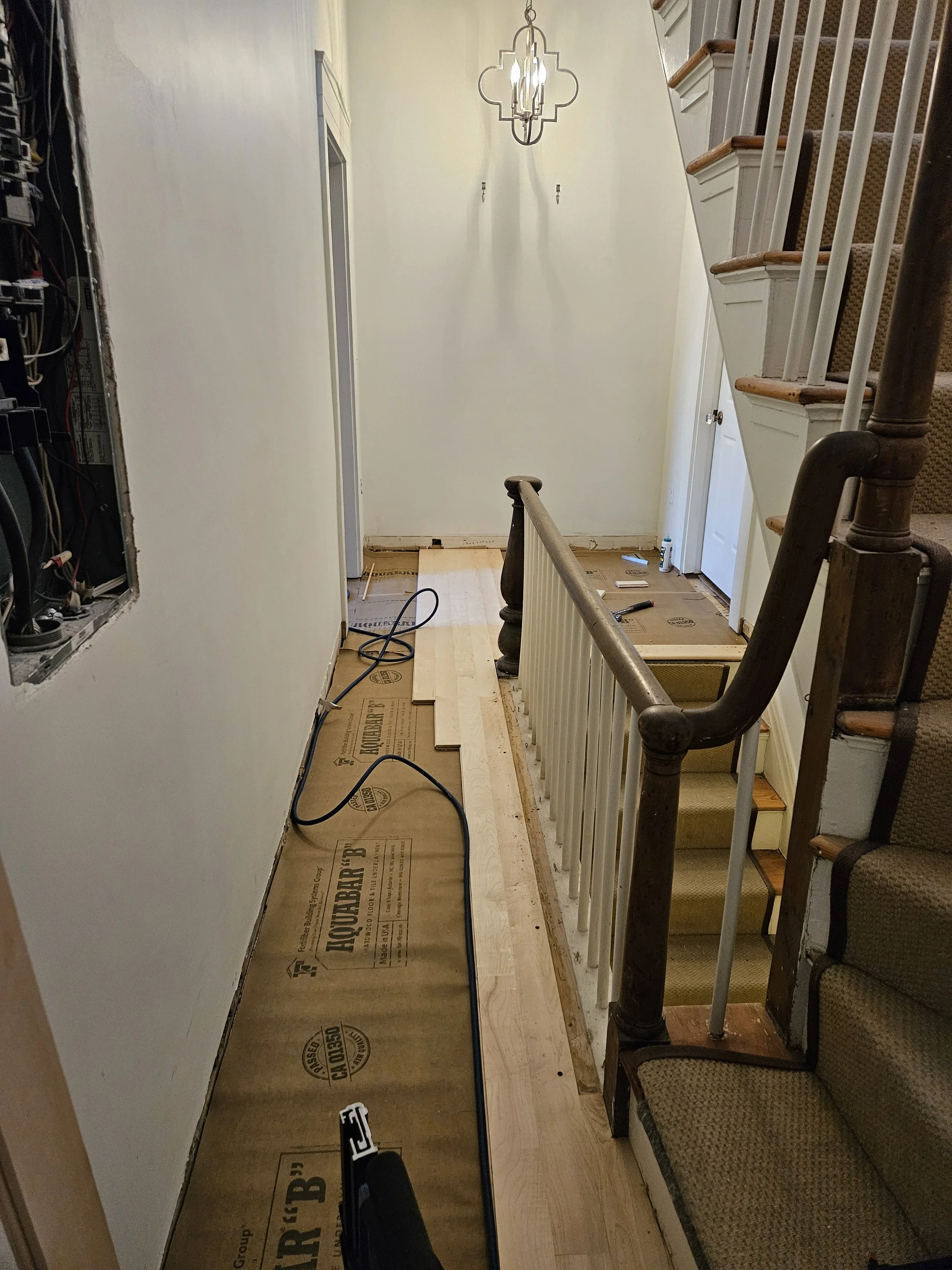Mid way through the flooring installation of sand and finish on site 3-1/4" Maple. 