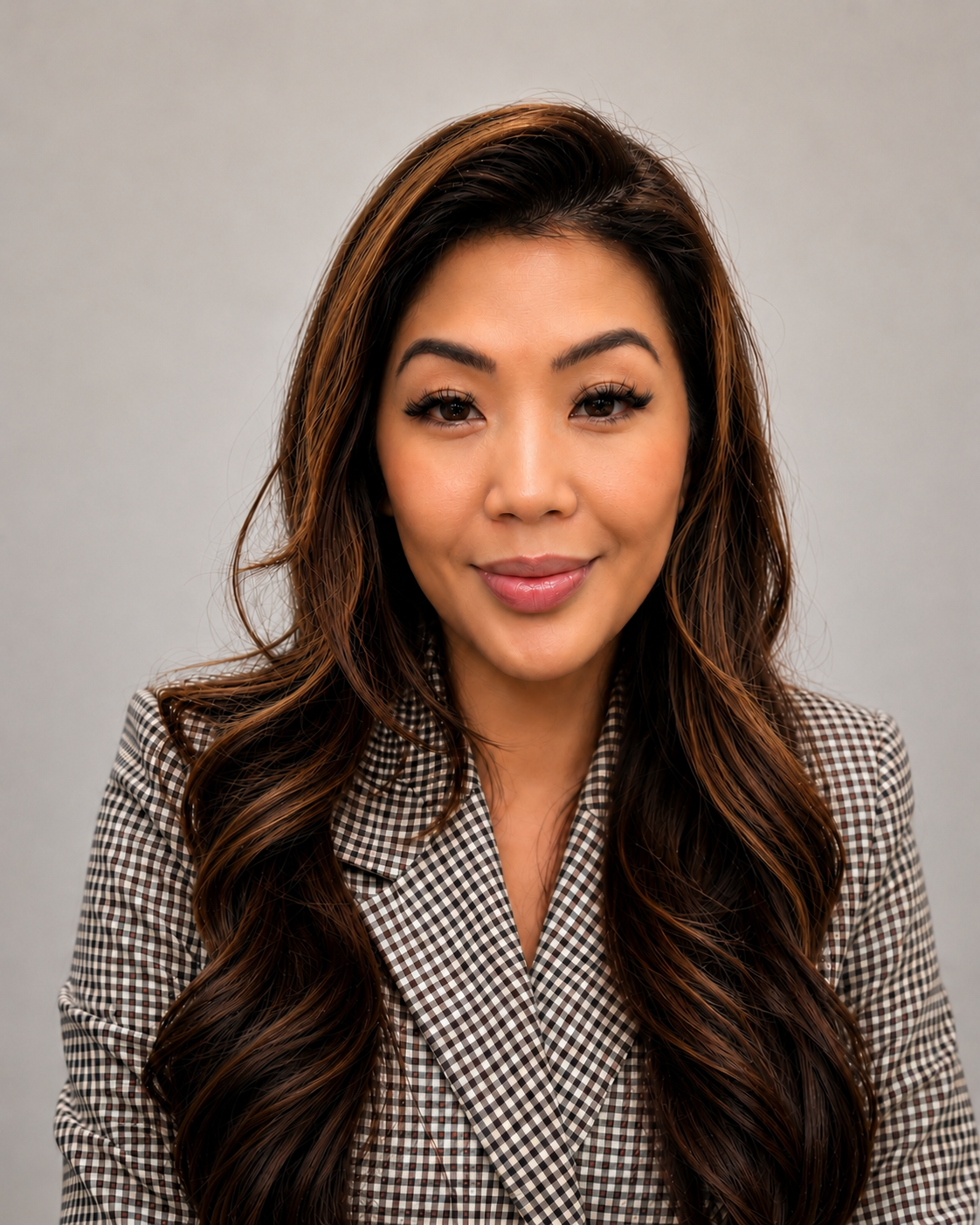 A portrait of an Asian woman with long wavy hair, wearing a checkered blazer, smiling softly against a plain light gray background.
