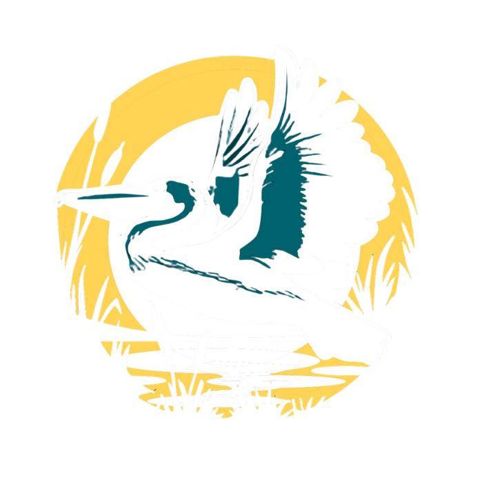 A stylized illustration of a heron standing on water with a large yellow sun in the background.