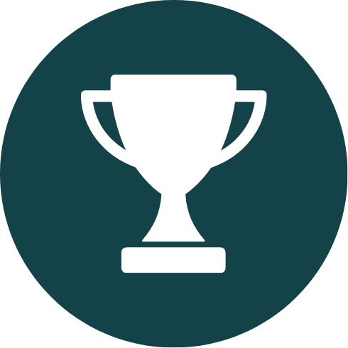 White trophy icon on a dark green circular background.