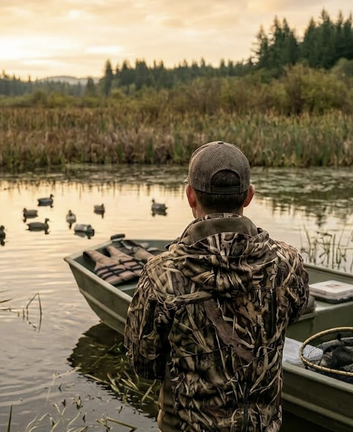 A duck hunter wearing camouflage clothing and a gray cap standing on a boat in a lake, observing a group of ducks swimming nearby during sunset during hunting season.
