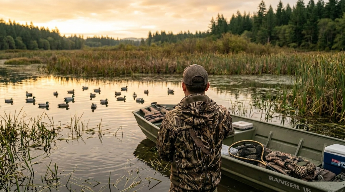 A person sitting in a small boat at the edge of a pond, surrounded by tall grass, with ducks swimming in the water and trees in the background during sunset.