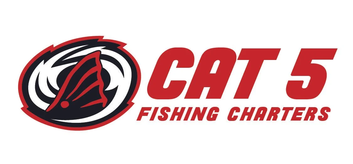 Logo of CAT 5 Fishing Charters featuring a stylized fish with a red and black color scheme and bold text.