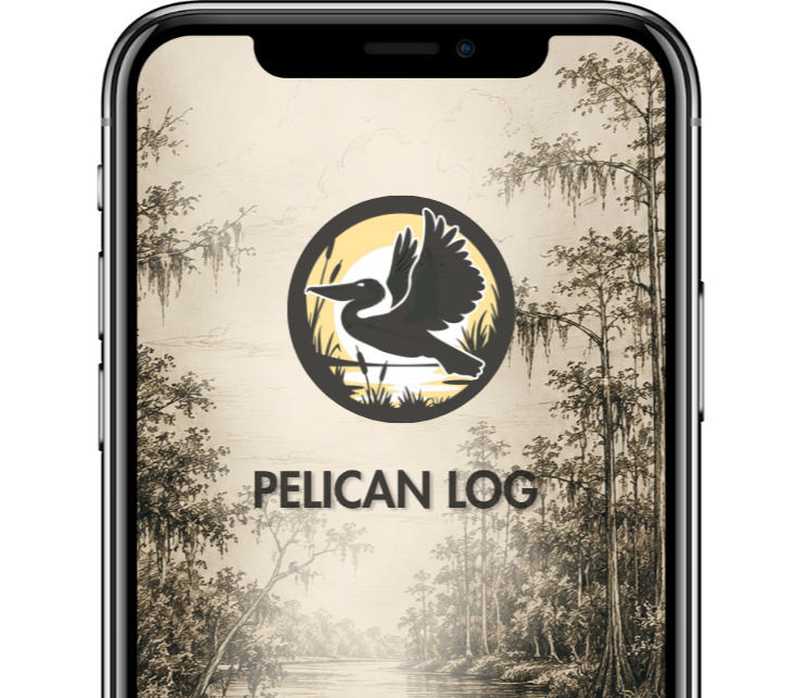 Screen of a mobile app named Pelican Log with a logo of a pelican flying over a body of water, set against a background of a nature scene with trees and a river.