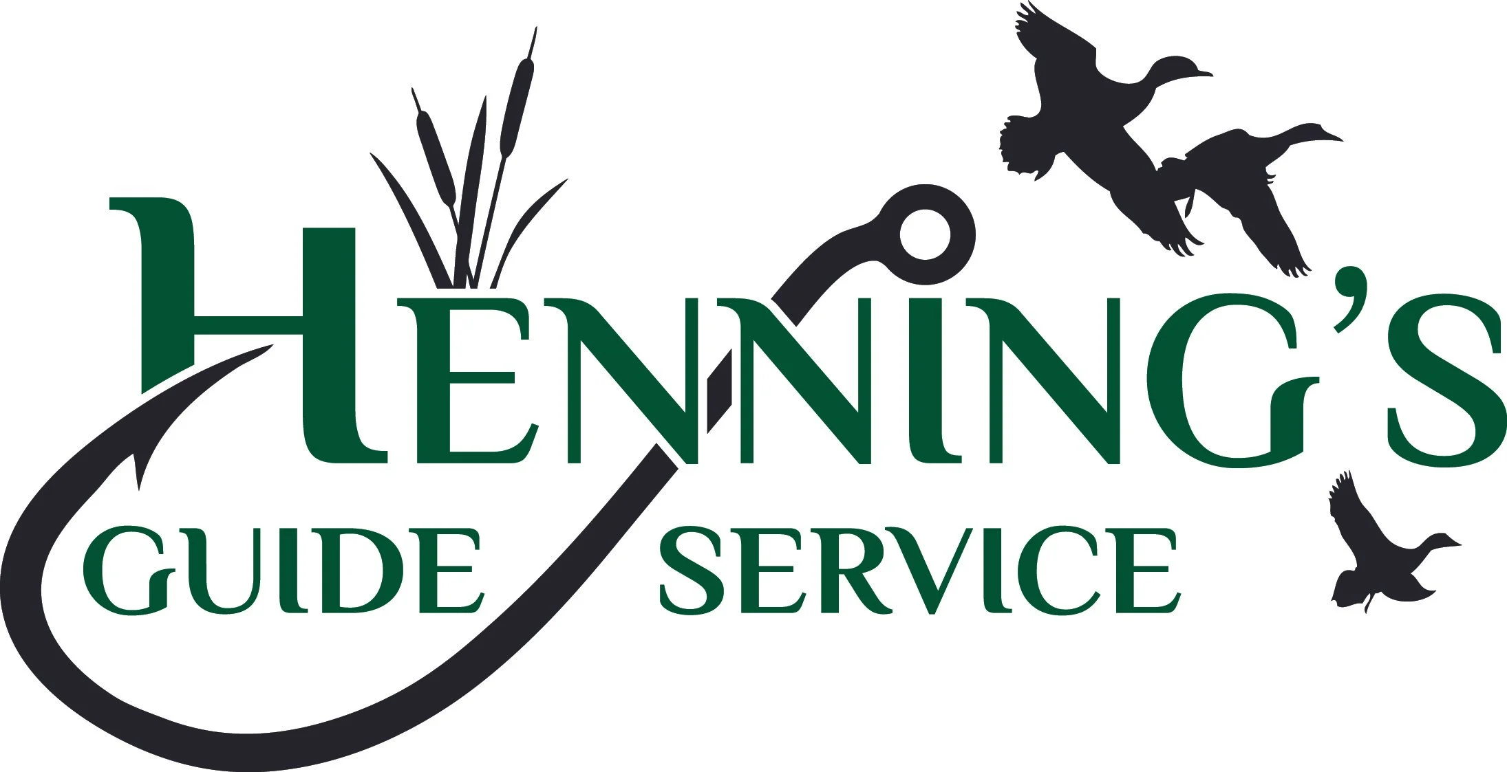 Logo with the words 'Hennings Guide Service' in green, featuring black silhouettes of ducks, a fishing hook, and cattails.