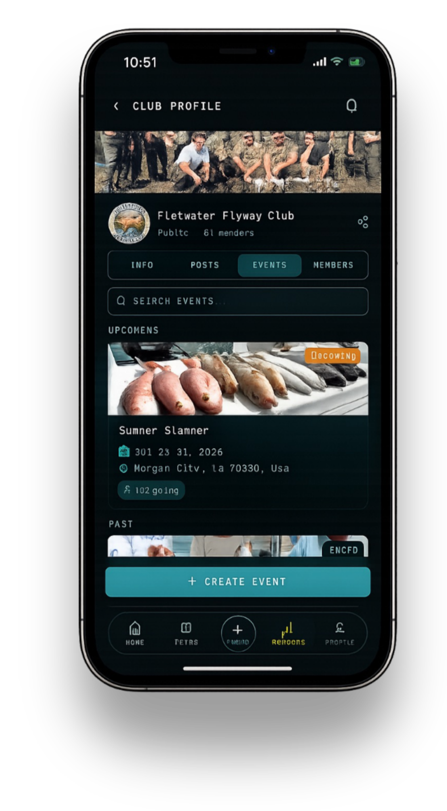Screenshot of a mobile app displaying a club profile for Fletwater Flyway Club with upcoming event titled Sumner Slammer featuring pictures of various fish and details about the event.