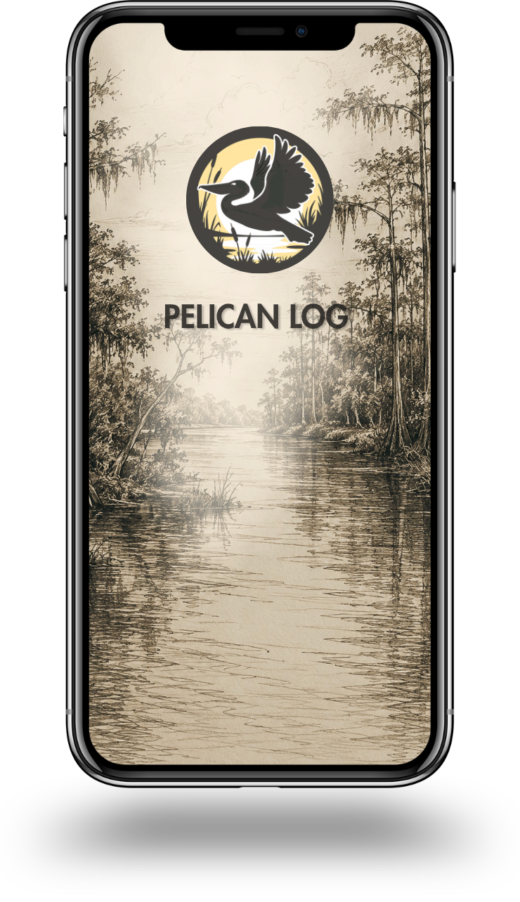 A smartphone displaying the Pelican Log app with a logo of a pelican near water, and a background of a river or swamp surrounded by trees.