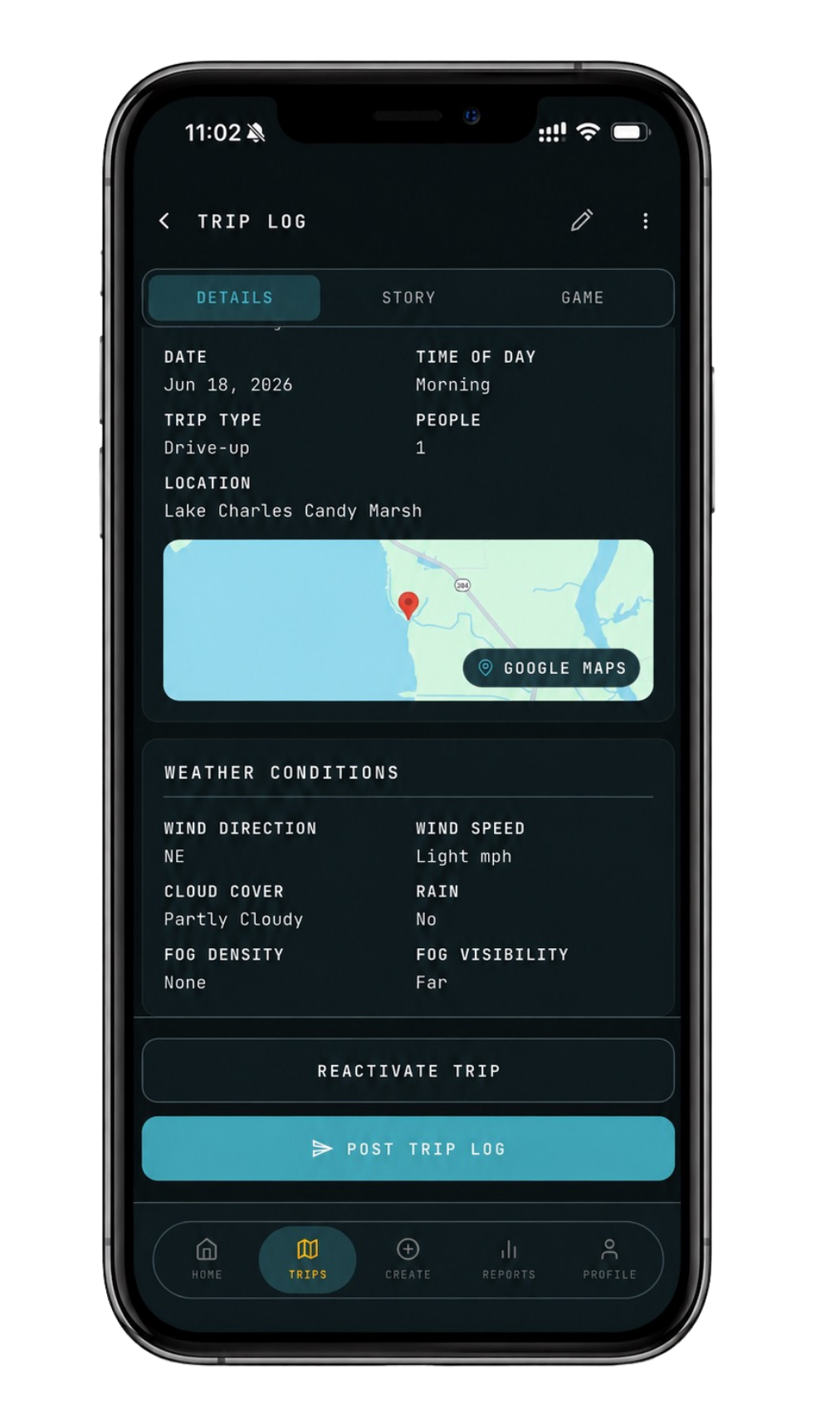 Screenshot of a trip log mobile app displaying trip details to Lake Charles Candy Marsh on June 18, 2026, including weather conditions and a map view.