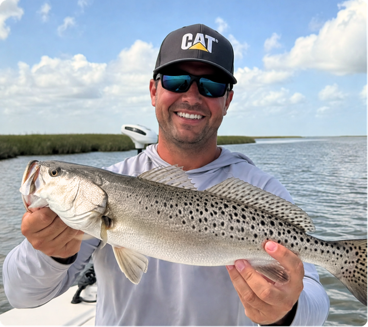 Man in sunglasses and a cap holding a large spotted fish on a boat on a river with grassy banks and partly cloudy sky in the background.
