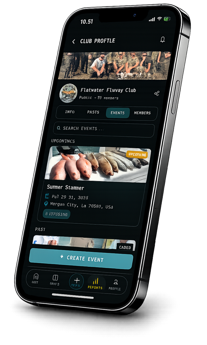 Smartphone displaying a social media app for a club called Flatwater Flway Club, showing upcoming and past events, including a Summer Stammer event with dates and location, and a create event button.