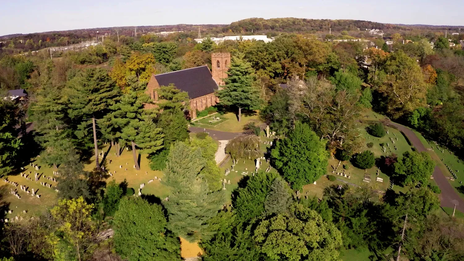 Overhead view of the 42-acre campus with the church in the center at St. Thomas’ Church Whitemarsh.