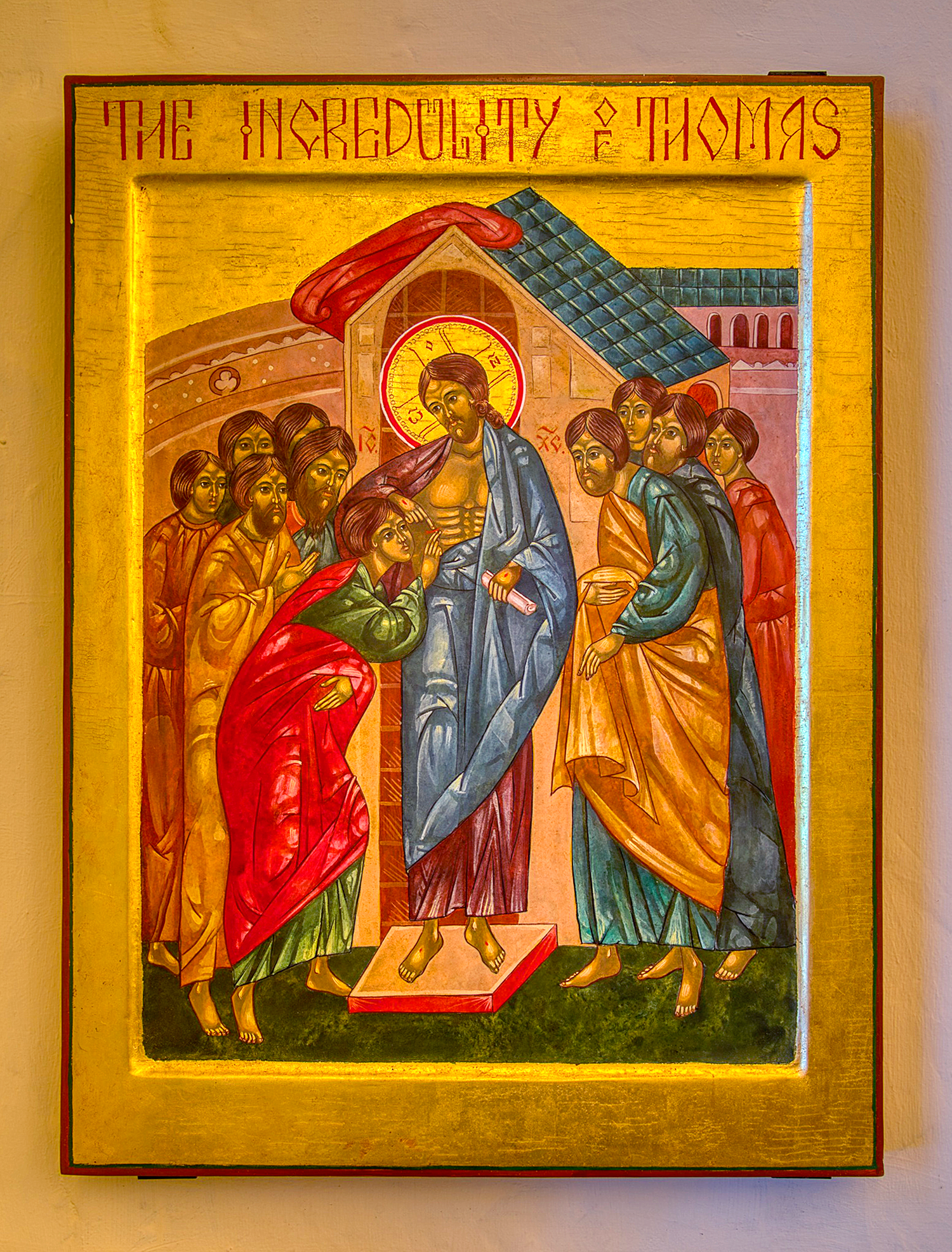 Historic painting in golds, blues, reds, and greens showing the incredulity of Thomas at St. Thomas’ Church Whitemarsh.