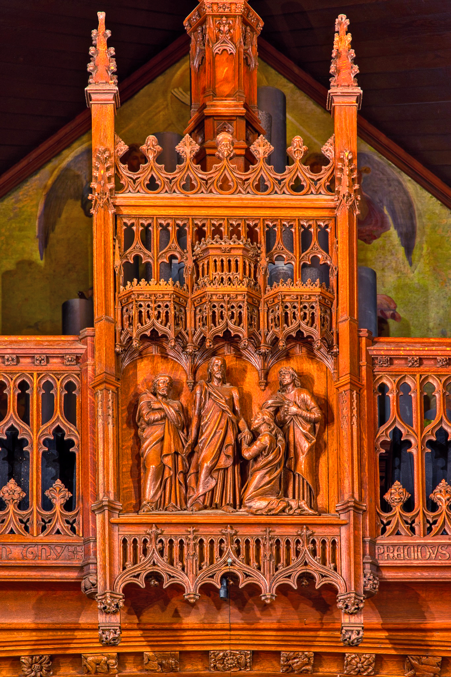 Carved wooden detail closeup inside the main church at St. Thomas’ Church Whitemarsh.