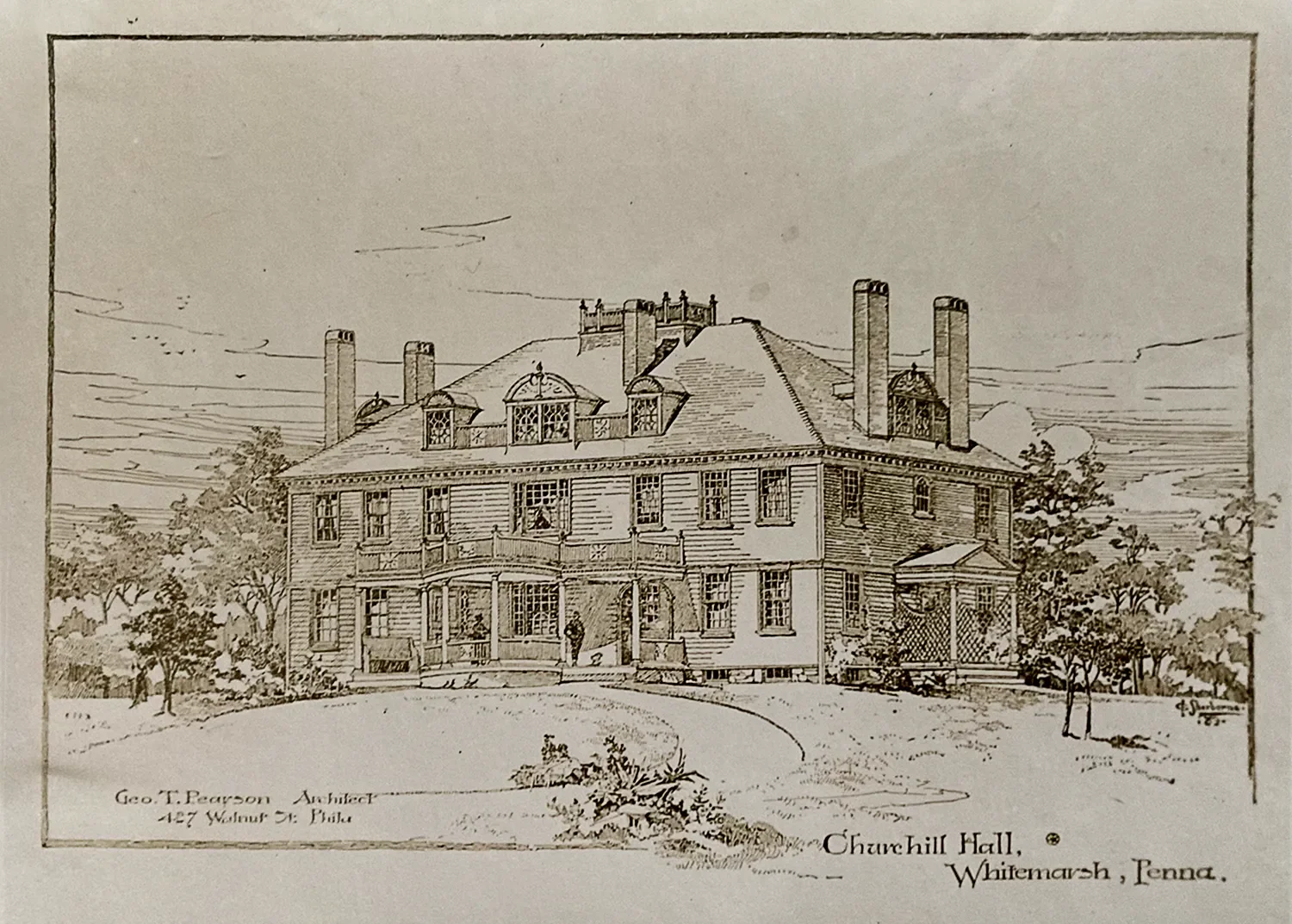 Historic black and white line drawing of Church Hill Hall at St. Thomas’ Whitemarsh in 1871.