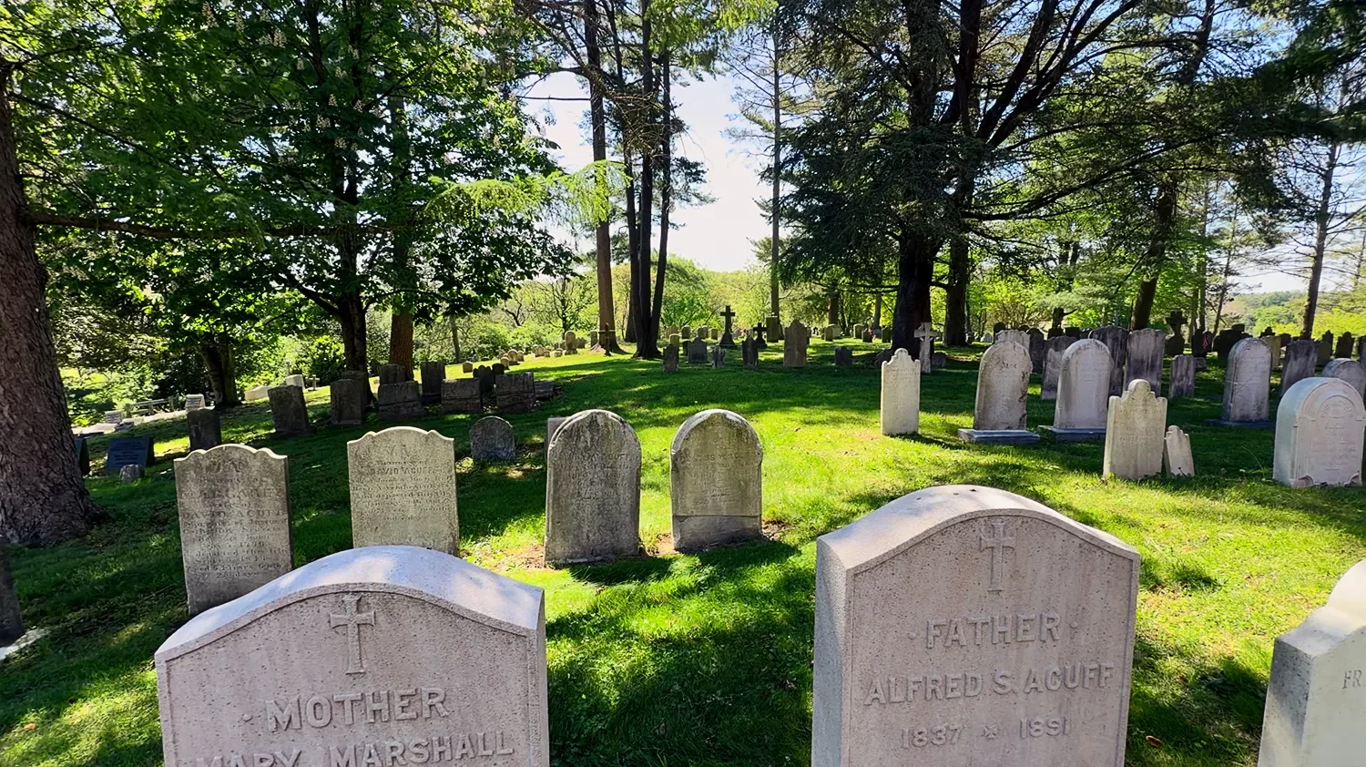 A peaceful sun-dappled hill in the historic cemetery at St. Thomas’ Church Whitemarsh.