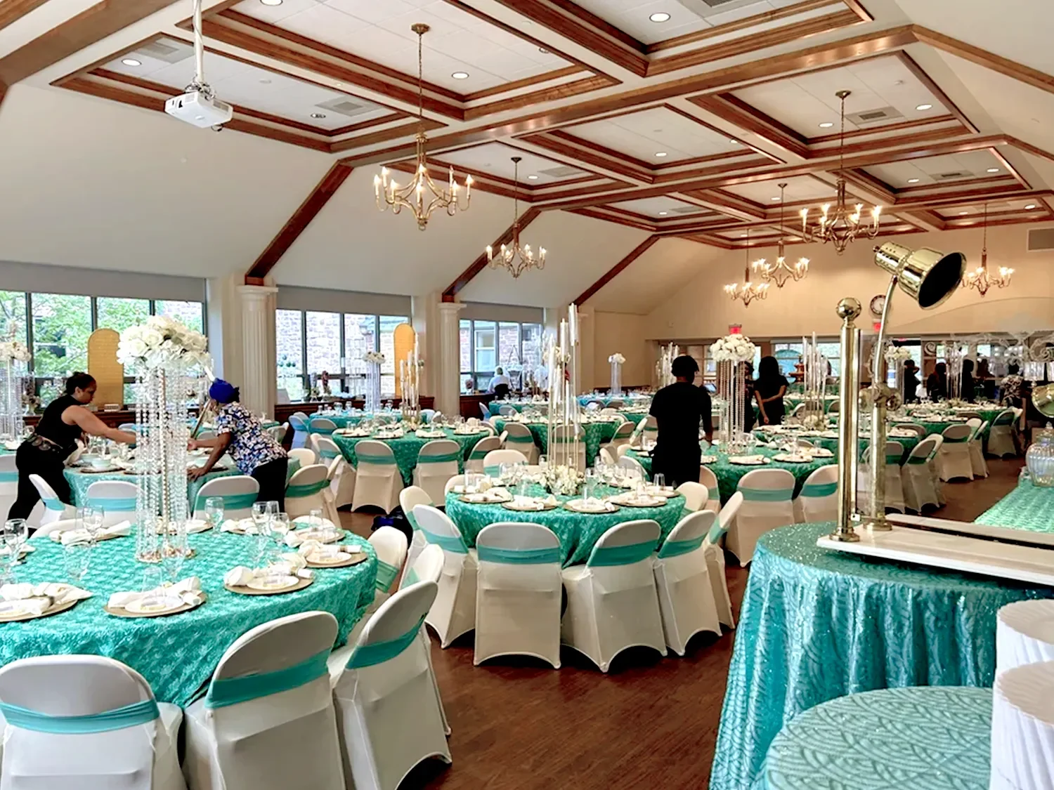 Wedding reception setup in MacColl Auditorium at The Retreat at St. Thomas Whitemarsh.