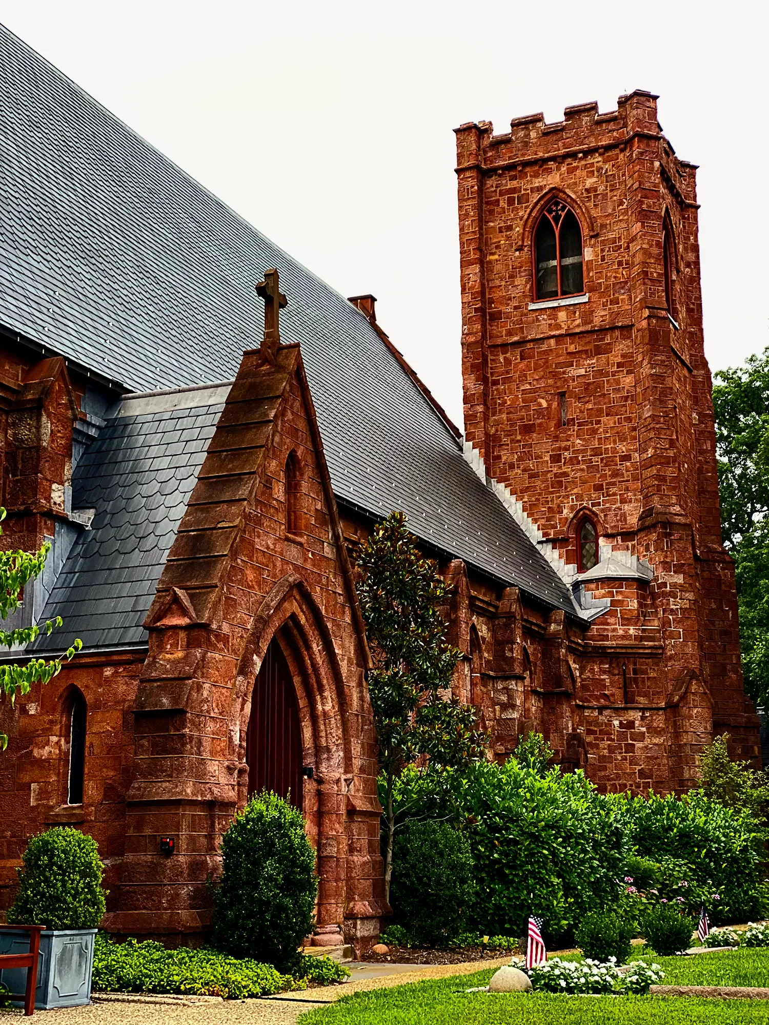 Main church exterior during springtime at St. Thomas’ Church Whitemarsh.