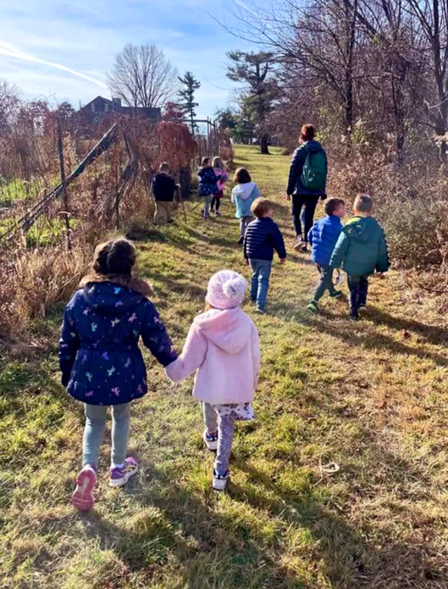 A group of young children walk along a grassy path holding hands while an adult leads them on an outdoor nature walk at St. Thomas’  Preschool.