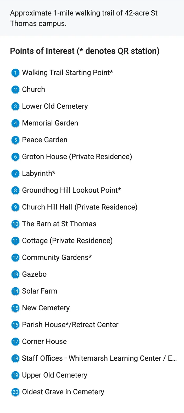 St. Thomas’ Harmony Walking Trail map legend at St. Thomas’ Church Whitemarsh.