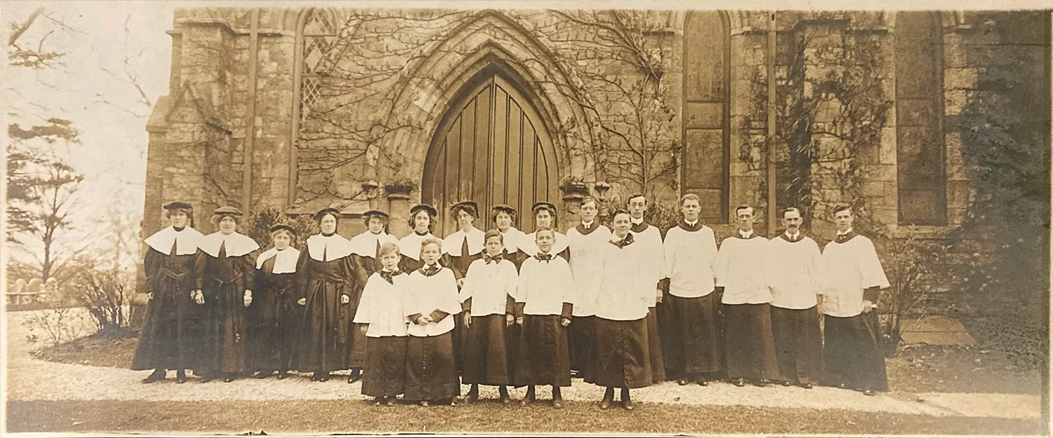 Historic black and white photograph of St. Thomas’ Whitemarsh choir, circa early 1900s.