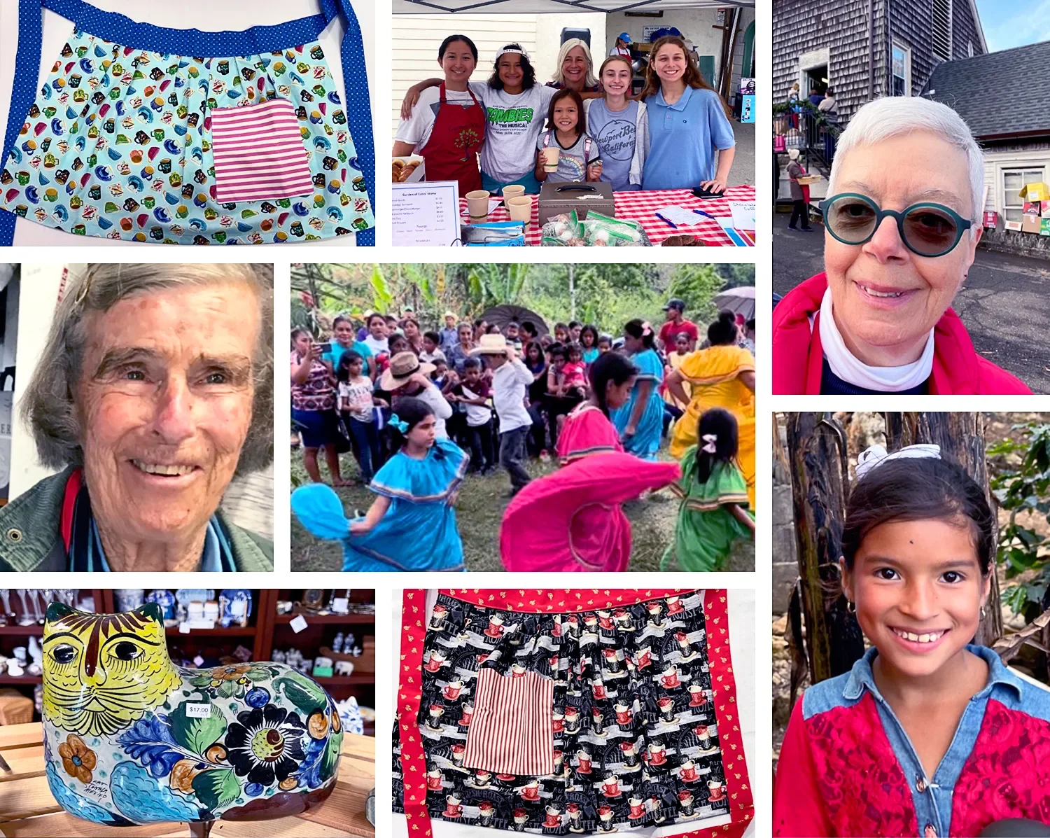 Collage of handmade aprons, Barn volunteers, community celebrations, and colorful crafts connected to the Honduras Water Mission, through St. Thomas’ Church Whitemarsh.
