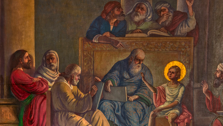 Mural of a young Jesus with a gold halo teaching leaders in the synagogue.