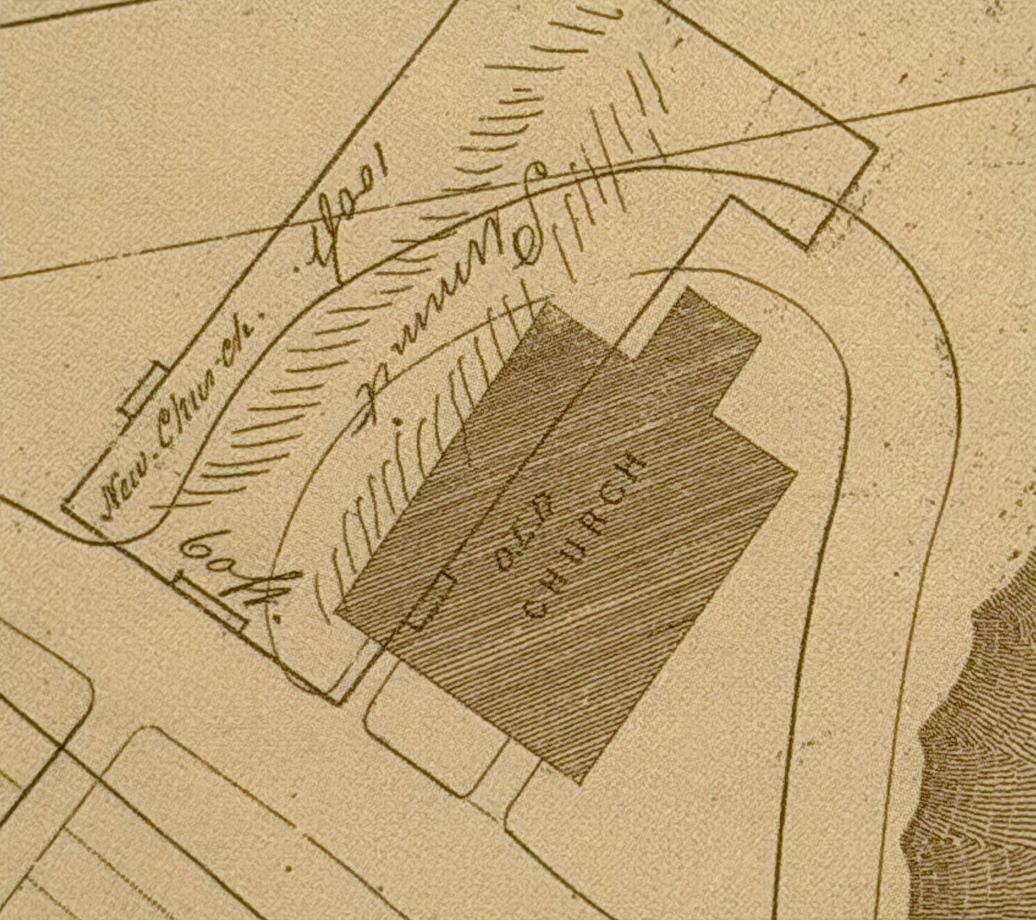 Historic line drawing of the ground plan for the fourth church at St. Thomas’ Whitemarsh.