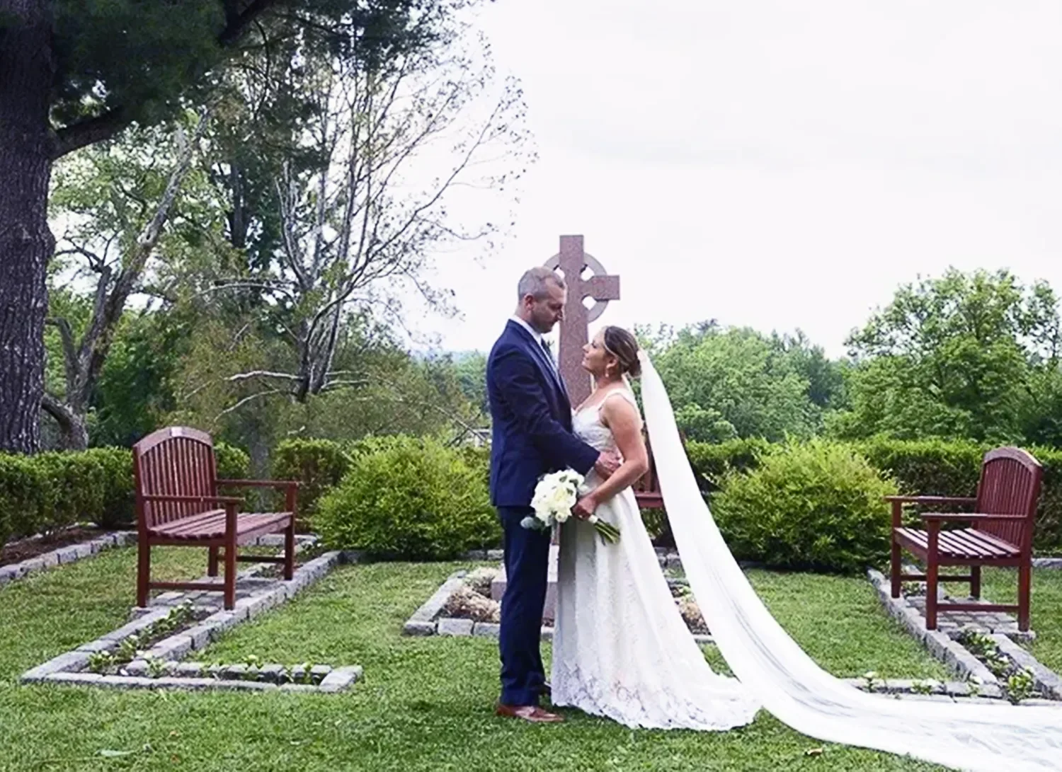 Wedding portrait outside in the Peace Garden at St. Thomas’ Church Whitemarsh.