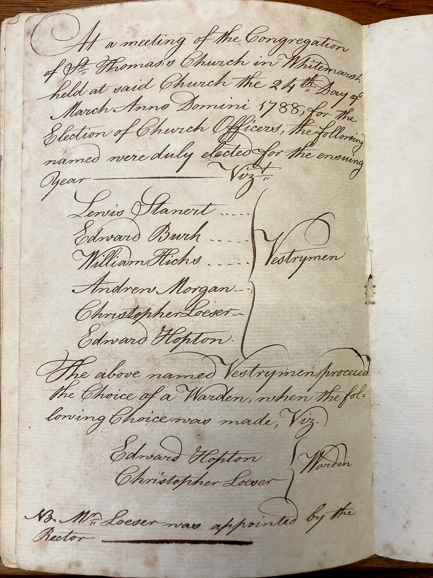 Historic black and white photograph of St. Thomas’ Whitemarsh Vestry meeting minutes, circa 1788.