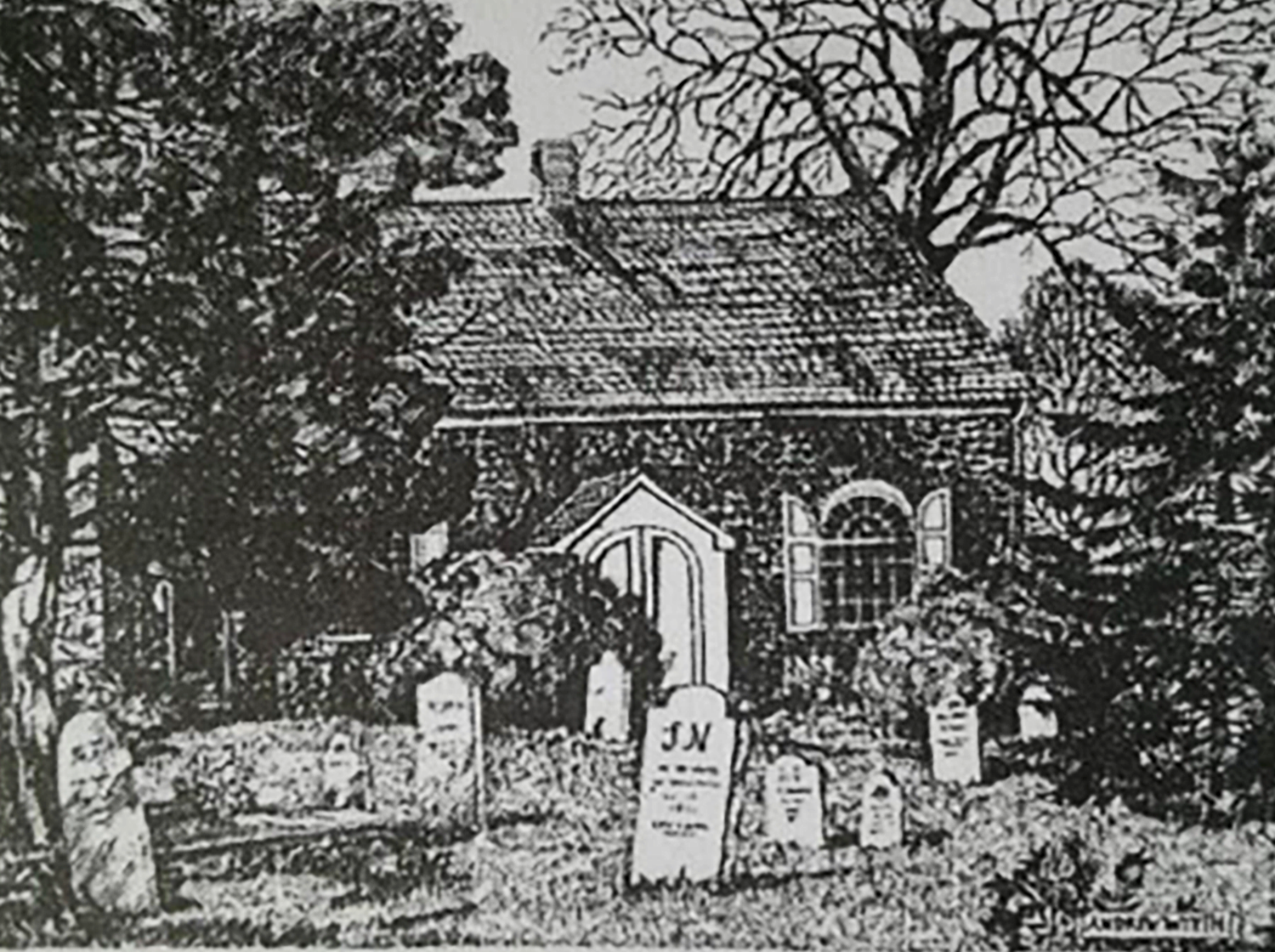 Historic black and white drawing of The Little Church at Whitemarsh.