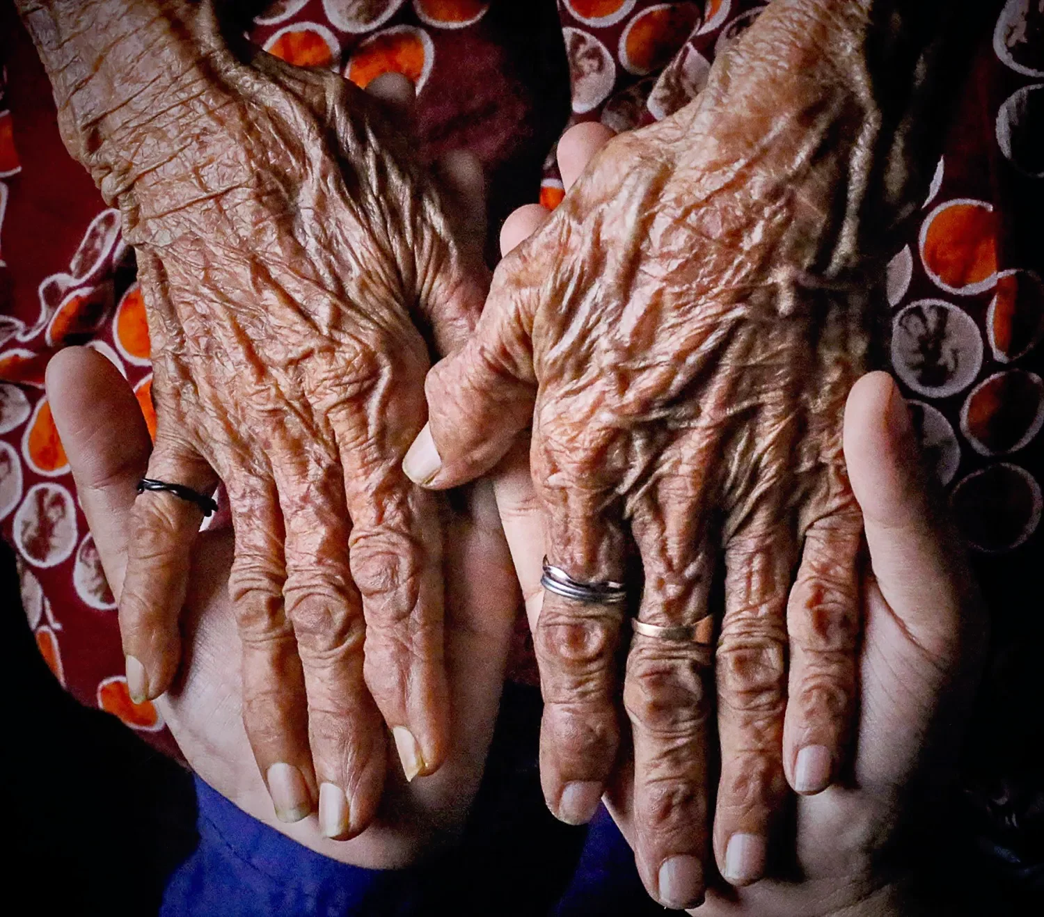 Young hands gently hold elderly hands.