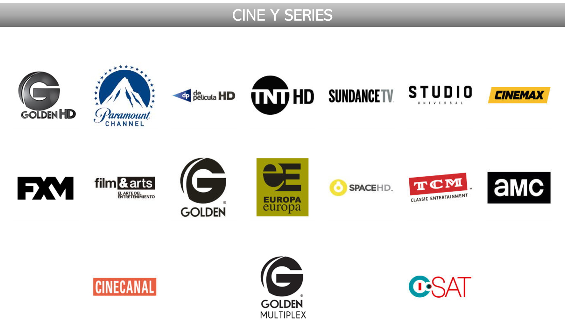 Pantalla que muestra canales de televisión como Golden HD, Paramount Channel, de película HD, TNT HD, Sundance TV, Studio Universal, Cinemax, FX, film & arts, Europa Europa, Space HD, TCM, AMC, Cinecanal, Golden, Golden Multiplex, OSAT.