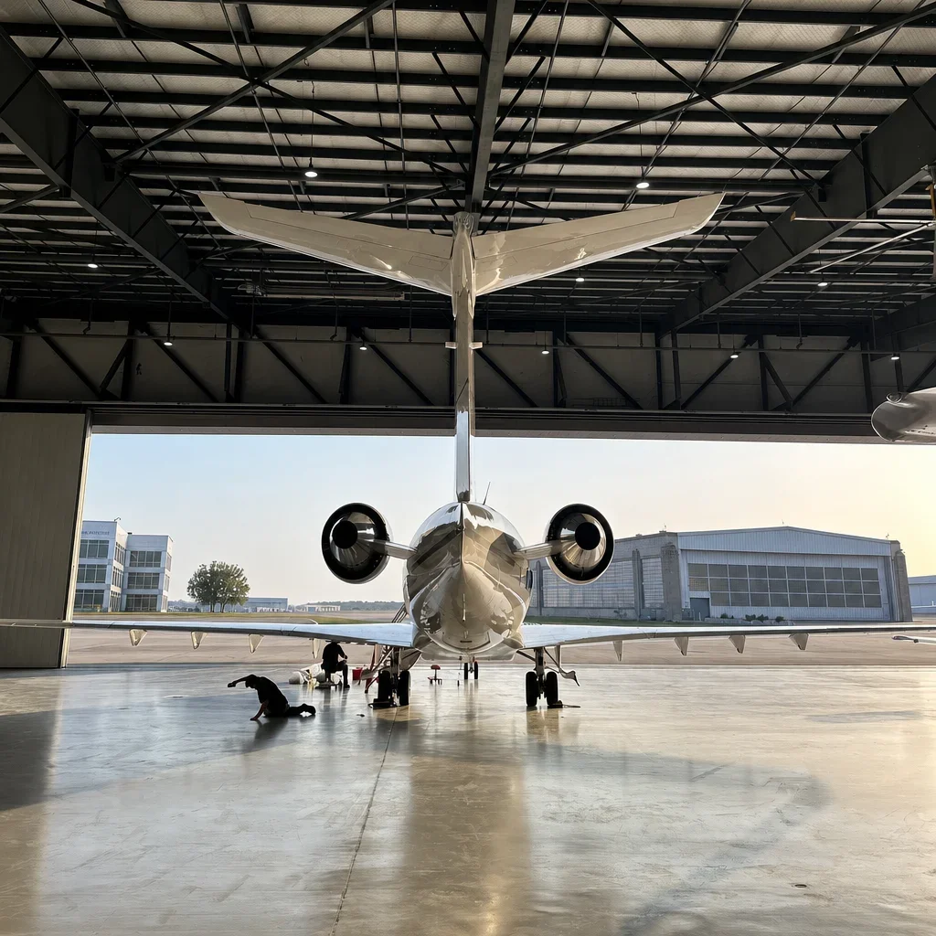 Aircraft inside a hangar, viewed from the front, with maintenance workers nearby.