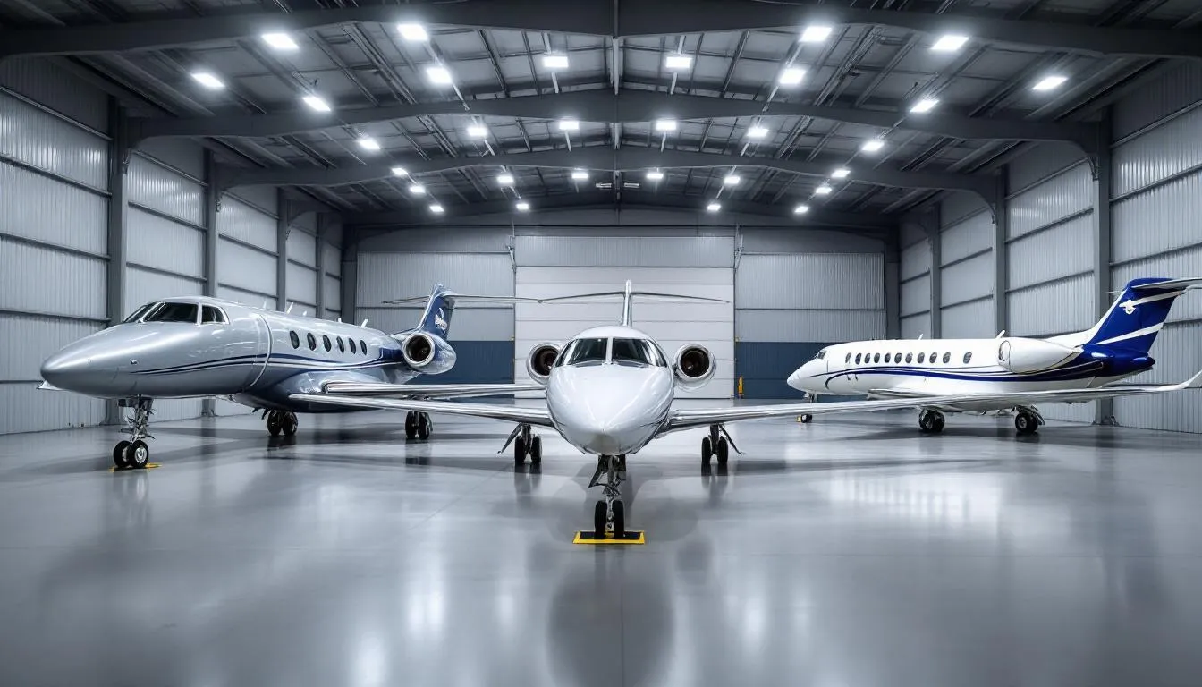Three private jets inside a large hangar with bright overhead lighting.