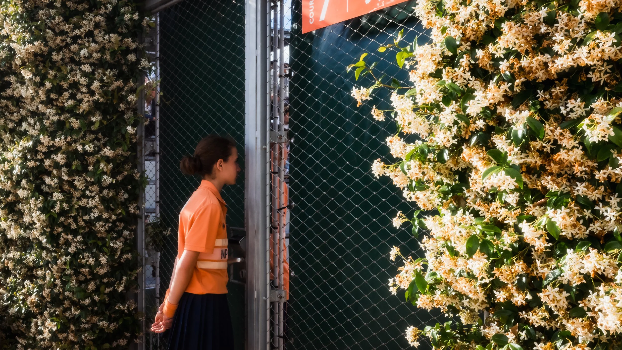 A young girl with her hair in a bun, dressed in an orange top and blue skirt, stands in front of a chain-link fence flanked by two tall bushes of flowering plants with cream and light orange blossoms, outdoors during daytime.